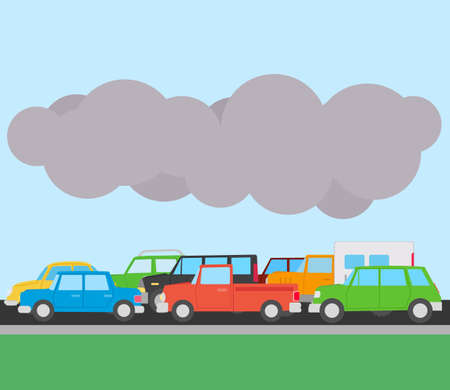 Cars on the road. traffic jam. Motorway with cars. cars and a cloud of smoke. environmental pollution vector illustrationのイラスト素材