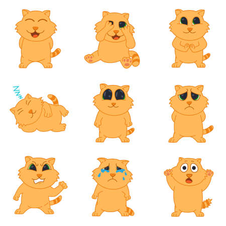 Emotions cat. Set icons of emotions cat in flat style. Collection stickers emotions. smiley cat faces icons set. emotion red cat vector illustrationsのイラスト素材