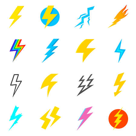 Collection of lightnings of various form. Lightning icon set. Isolated vector illustrationのイラスト素材