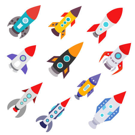 space rockets and spacecraft on white background. set Icons of rockets of various shapes. flat styleのイラスト素材