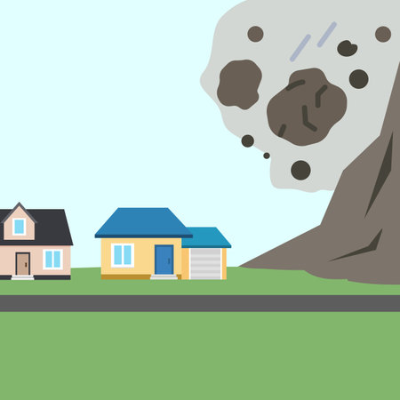 The collapse of mountain to buildings. rockfall. Stones fall from the mountain. vector illustrationのイラスト素材