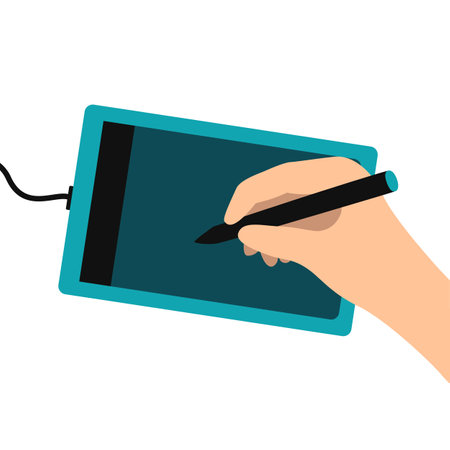 Hand with the pen stylus on the graphic tablet. isolated illustrationのイラスト素材