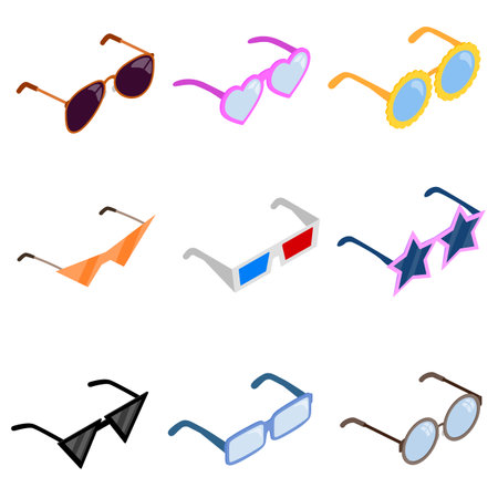 Glass icons set. Sunglasses and medical glasses of different shapes on white backgroundのイラスト素材