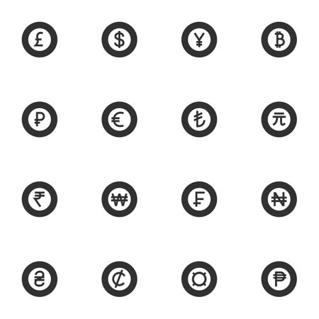 World currency, monochrome icons set. Money and currency, simple symbols collectionのイラスト素材