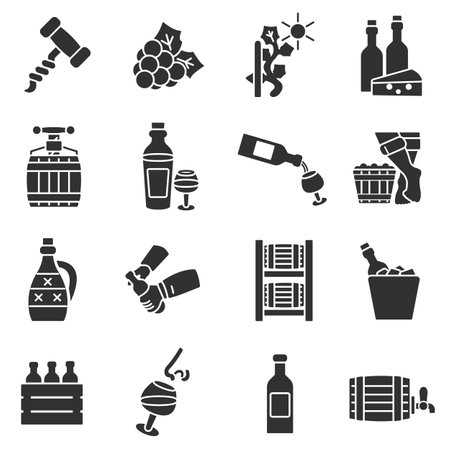 Wine, monochrome icons set. Storing, cooking, and drinking wines. isolated vector monochrome illustrations.のイラスト素材