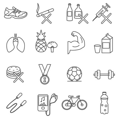 healthy lifestyle thin line icons set. Active lifestyle icon collection thin line style. sport, fitness healthy icons on a white backgroundのイラスト素材