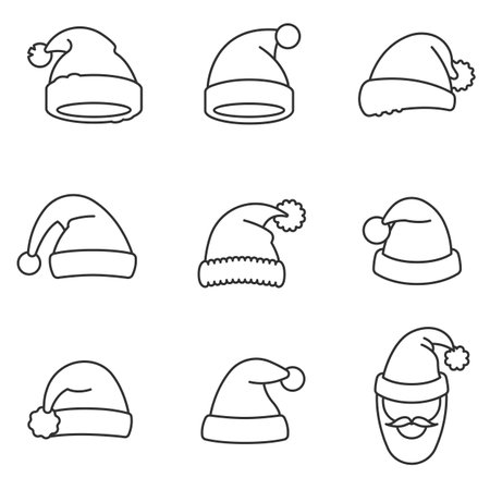 Hats Santa Claus, thin line design. Christmas hat, linear symbols collection.のイラスト素材