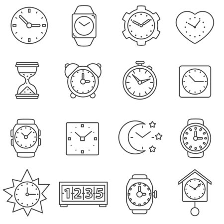 clock icons set, thin line design. wall clocks, table clocks and wristwatches, linear symbols collection. isolated vector illustrationのイラスト素材