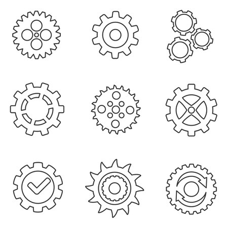 Gear icons set. Details of the mechanism, thin line design. Drive with teeth, linear symbols collection. isolated vector illustration.のイラスト素材