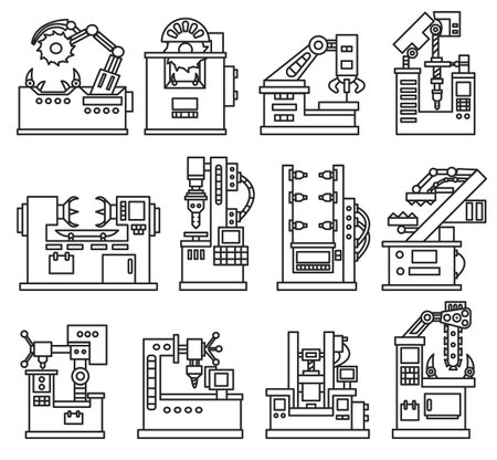 manufacturing machines icons set. thin line designのイラスト素材