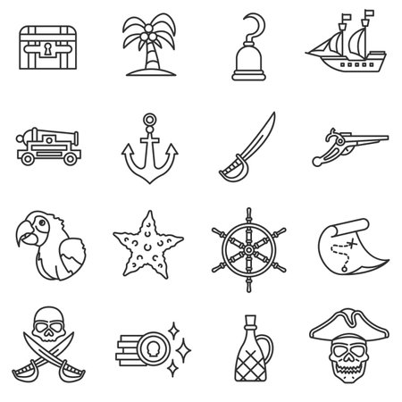 Piracy icons set. old maritime piracy collection. thin line designのイラスト素材