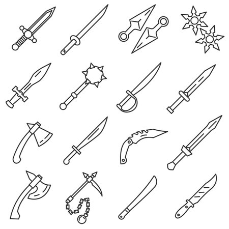 Edged weapons icons set. Cold steel arms. Collection of military weapons: swords, axes, knives, kunai, shuriken, mace.のイラスト素材