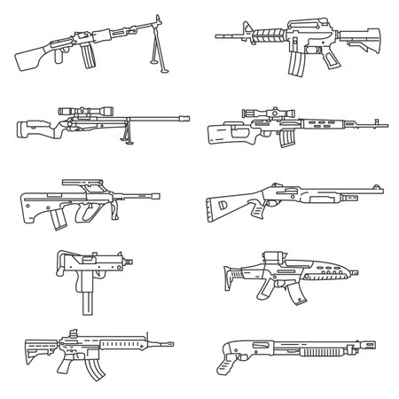 weapon icon set. firearms collection. thin line designのイラスト素材