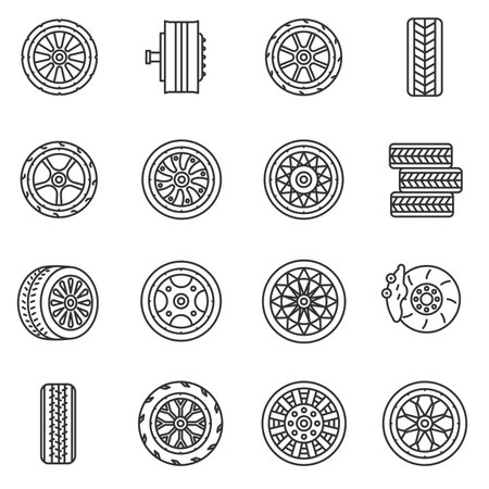 Tires and wheels icon set. The wheel of a car, thin line design. Car tires, rims, linear symbols collection. Wheel of various shapes, isolated vector illustrationのイラスト素材