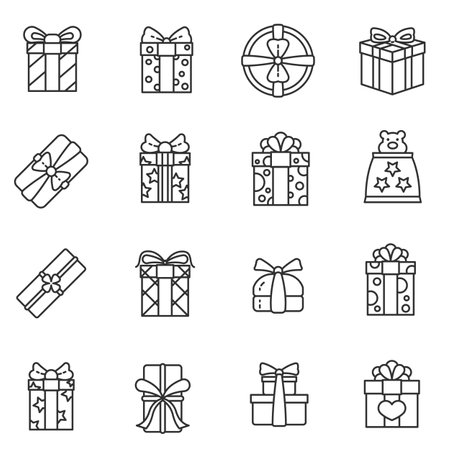 Gifts icon set. Cardboard boxes with gifts, linear icons. Line with editable strokeのイラスト素材