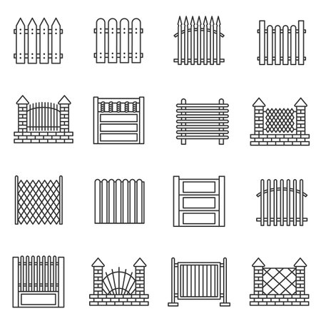 Fence set. The construction for the protection of the territory, linear icons. Line with editable stroke. Fence made of metal, stone, brick.のイラスト素材