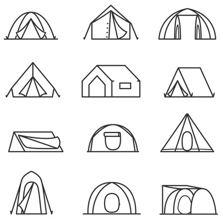 Tents of different shapes. isolated vector illustration. Lines with editable stroke.のイラスト素材