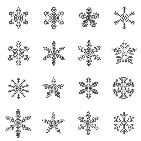 Snowflakes icon set. Patterns of snow, different shapes, linear icons. Line with editable strokeのイラスト素材
