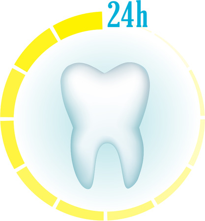 Tooth on a blue background and a symbol of hours aroundのイラスト素材