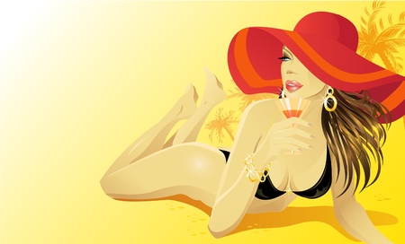 The girl in a hat on a beach.のイラスト素材