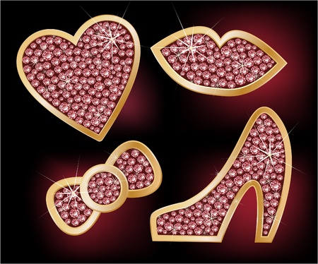 Icons a heart, lips, a bow, the shoes, decorated with diamonds のイラスト素材