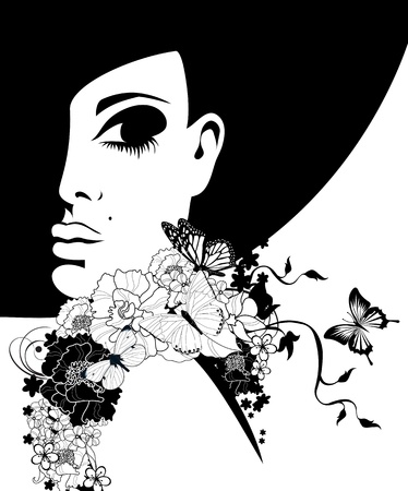 silhouette of a woman in a black hat with flowers and butterflies, illustrationのイラスト素材