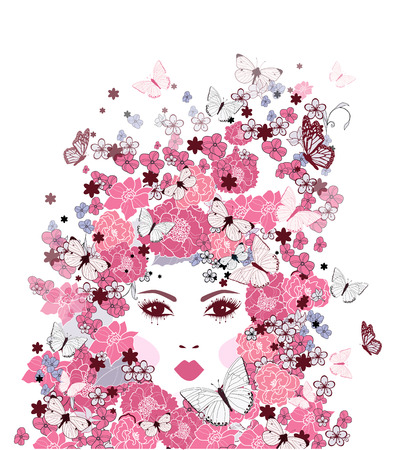 girl's face with flowers and butterfliesのイラスト素材