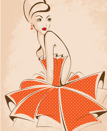 young beautiful woman posing, isolated over white, retro stylingのイラスト素材