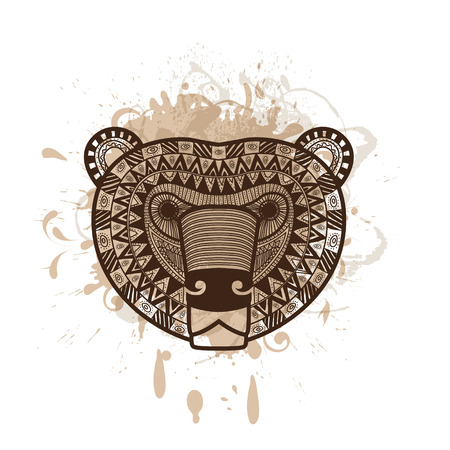stylized Bear face. Hand Drawn doodle vector illustration isolated on watercolor background.のイラスト素材