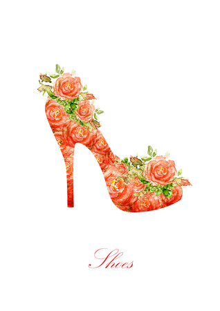Shoes on a high heel. Silhouette of a women shoes, from water color roses.の写真素材