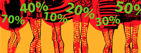 Discount Banner with girls legs. Fashion illustration. Under them different percent.のイラスト素材