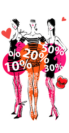 Discount Banner with fashionable girls. Fashion illustration. Under them different percent.のイラスト素材