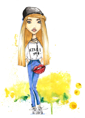 Fashionable teenage girl watercolor illustration.の写真素材
