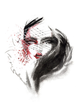 Portrait of a stylish girl drawing in ink.の写真素材