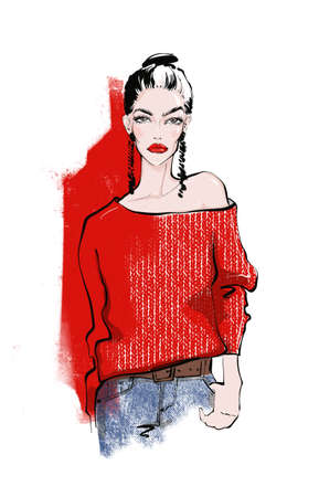 Woman in a knitted sweater. Fashion illustration.の写真素材