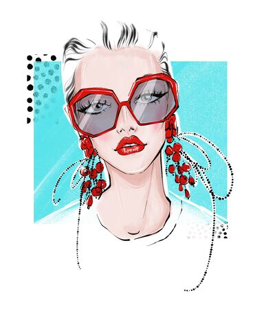 illustration of girl with big red earrings and with glassesの写真素材