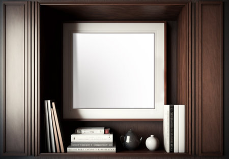 Square frame mockup on shelf, dark style