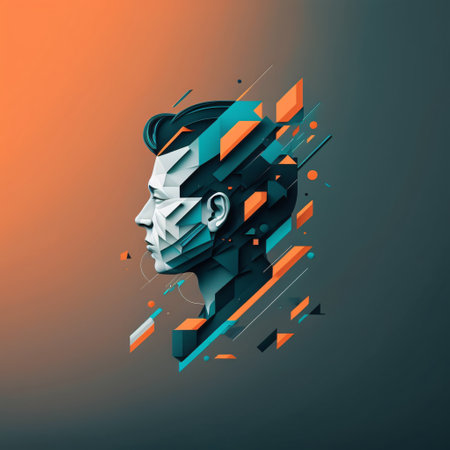 The profile of a man in an abstract tech style, digital illustration.の写真素材