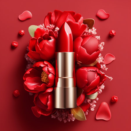 Red Lipstick on a background of flowers.の素材