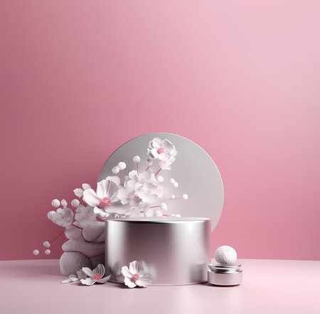 Elegant podium scene for product presentation with decorative flowers and branches still life style. Mockup.の素材