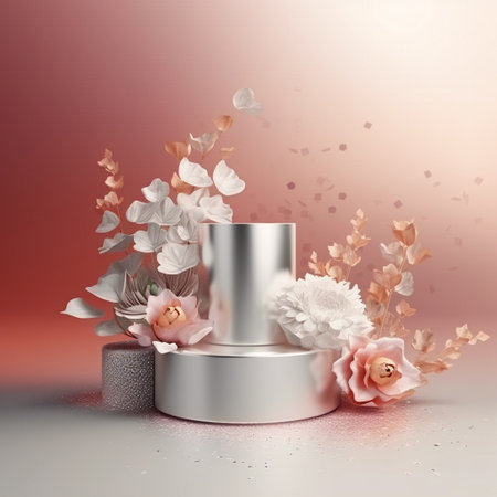 Elegant podium scene for product presentation with decorative flowers and branches still life style. Mockup.の素材