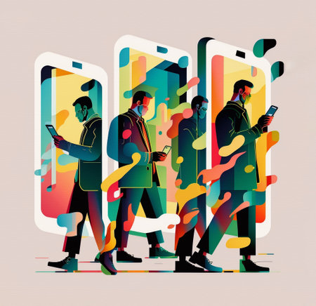 Men businessmen look at the phone. Abstract technical style.の素材