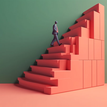 Career development illustration, ladder to success. Businessman climbs a huge staircase. Business and finance success achievement. Ambition plan, work opportunity.の素材