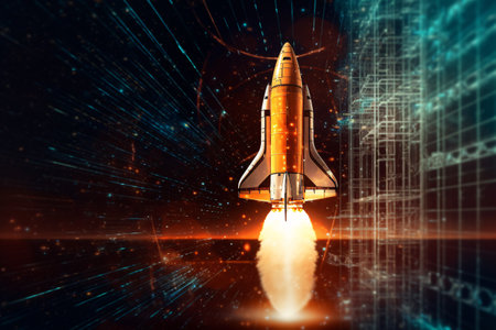 A rocket blasting off into space, emphasizing the transformative power of technology.の素材