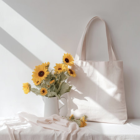 White tote bag mockup with flowers.の素材