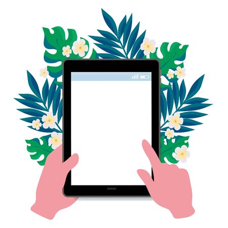 Hand using Tablet with plants illustrationのイラスト素材