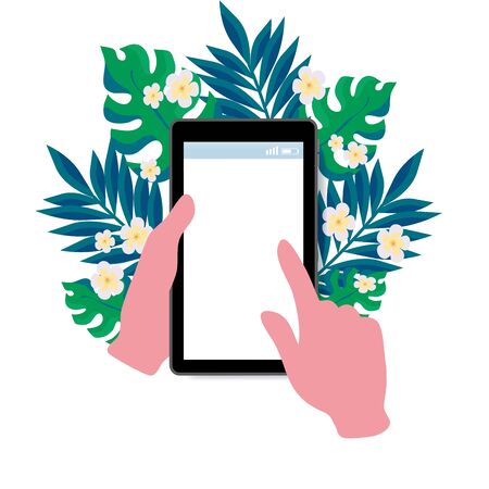 Hand using Tablet with plants illustrationのイラスト素材