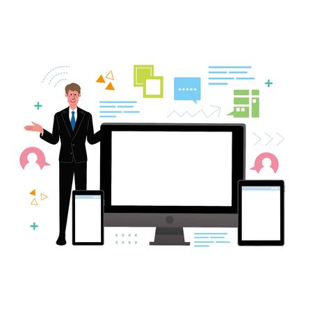 Illustration of a man in a suit and a personal computer, smartphone and tabletのイラスト素材