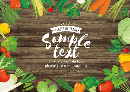 Vegetable frame on wood grain backgroundのイラスト素材