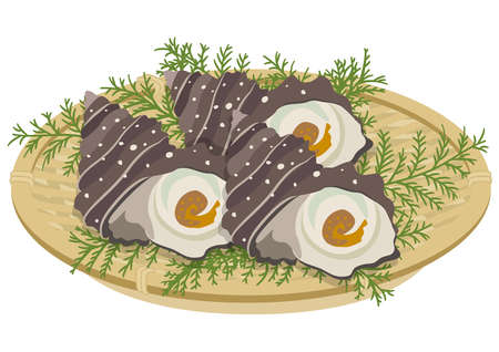 3 of turban shell heaped on a basketのイラスト素材